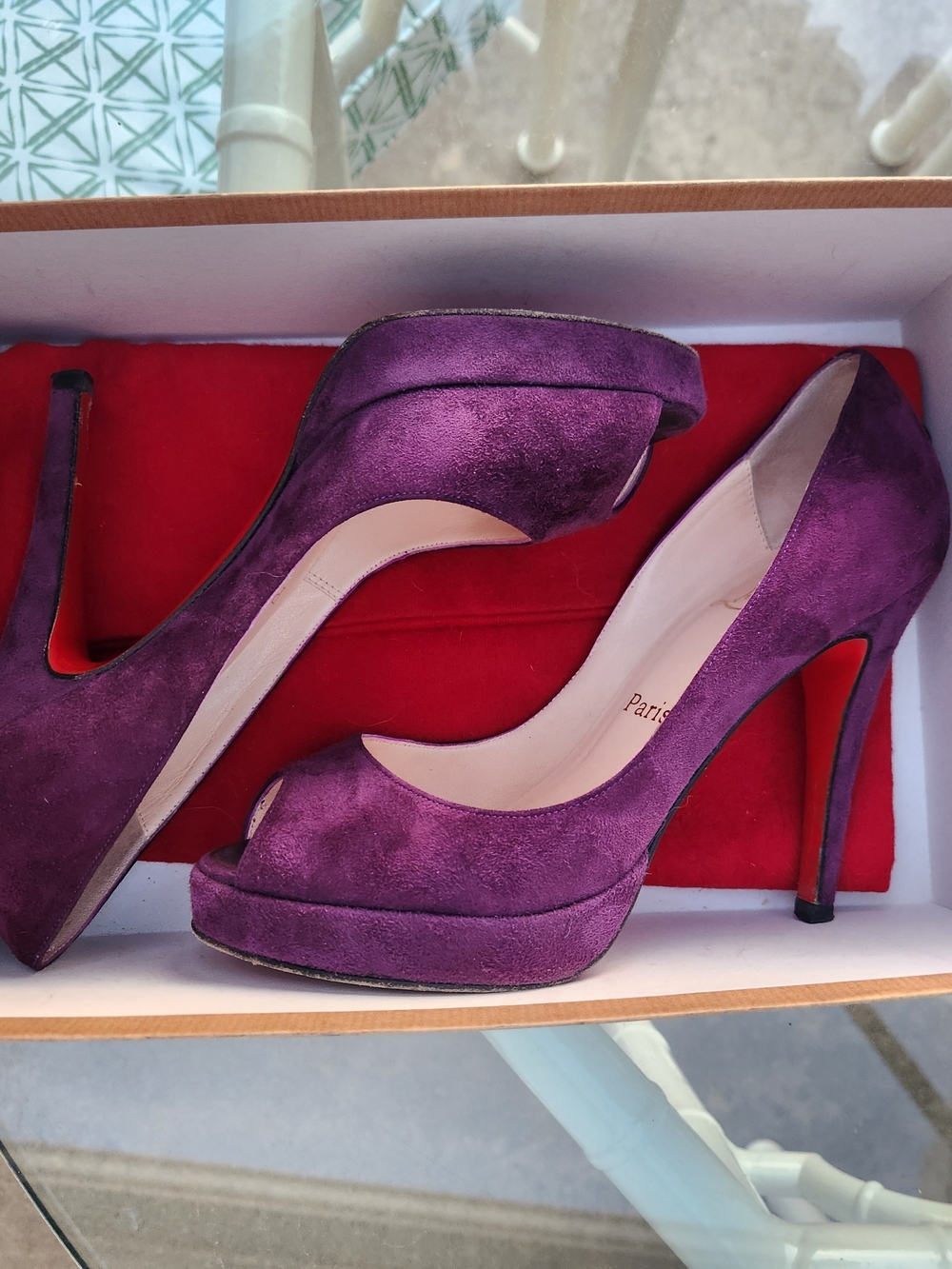 Christian Louboutin Purple Suede Peep-Toe Platform Stilettos